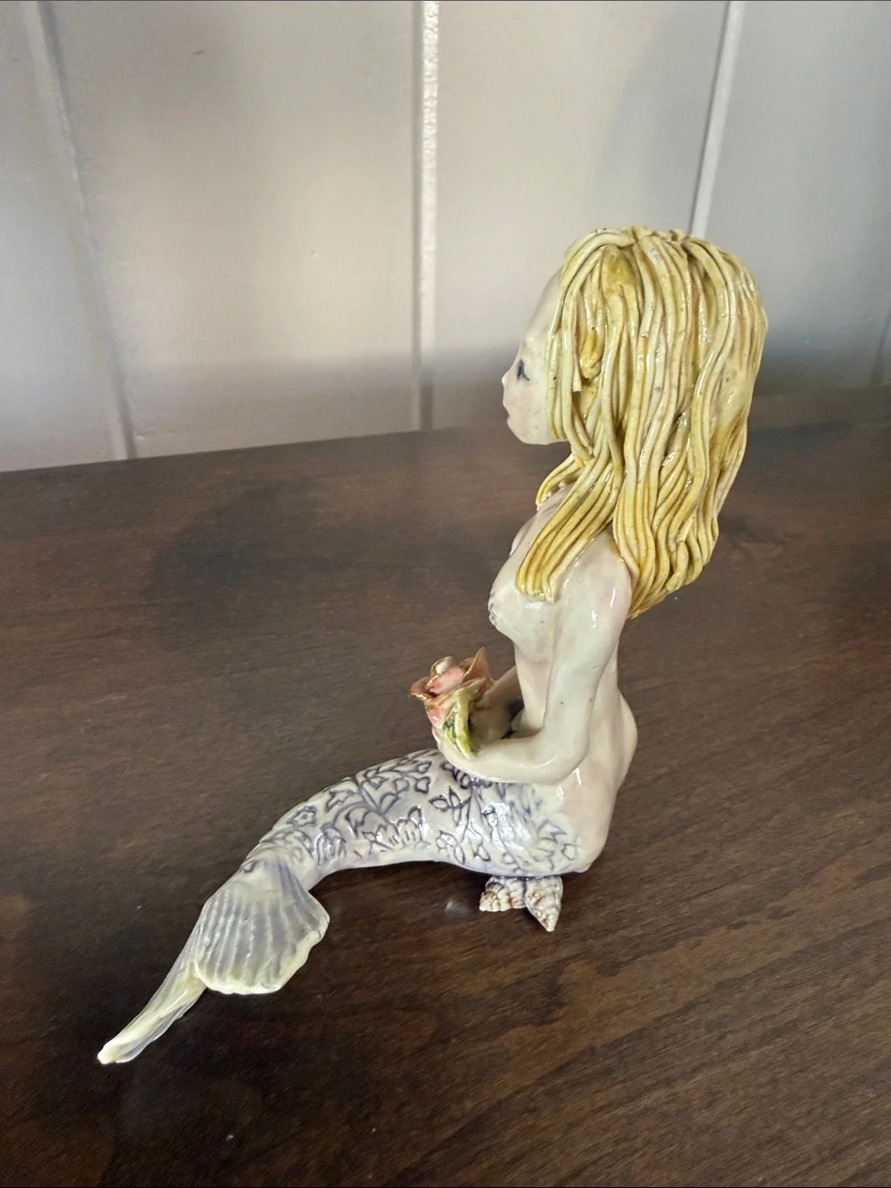 Decorative Ceramic Mermaid Figurine in Cream and Blue